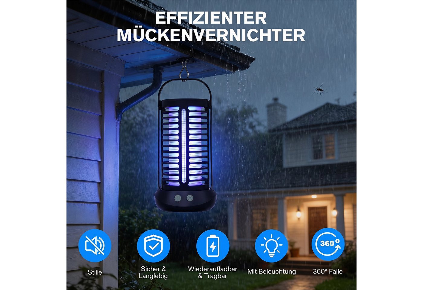 oyajia Ultraschall-Tierabwehr Insektenvernichter Mückenlampe UV-Lampe Insektenfalle mit 4000mAh-Akku, Mückenlampe Elektrisch, 360° Schutz & Leicht zu Reinigen Bild 4