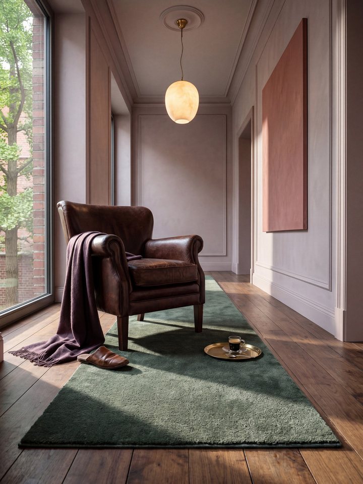 KADIMA DESIGN Teppich ALDAN Teppichläufer Waldgrün 60x110 Uni Polyester Antirutsch, Läufer, Höhe: 17 mm, Trittschalldämmend, Strapazierfähig, Pflegeleicht, Farbecht