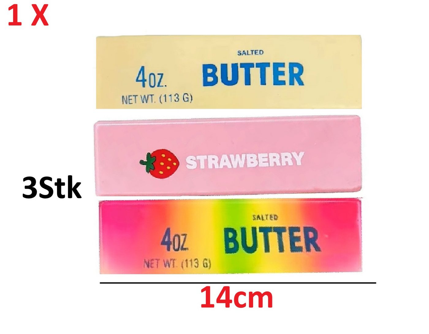 OLi Therapieknete 3X Verschiedene Farben Squishy Butter – Weiche dehnbare Knetmasse (weicher Slow Rising Squishy im lustigen Butter-Design, 1-tlg., L-13,3cm / B-3,5cm), Anti-Stress, Spielspaß für Kinder & Erwachsene Bild 2