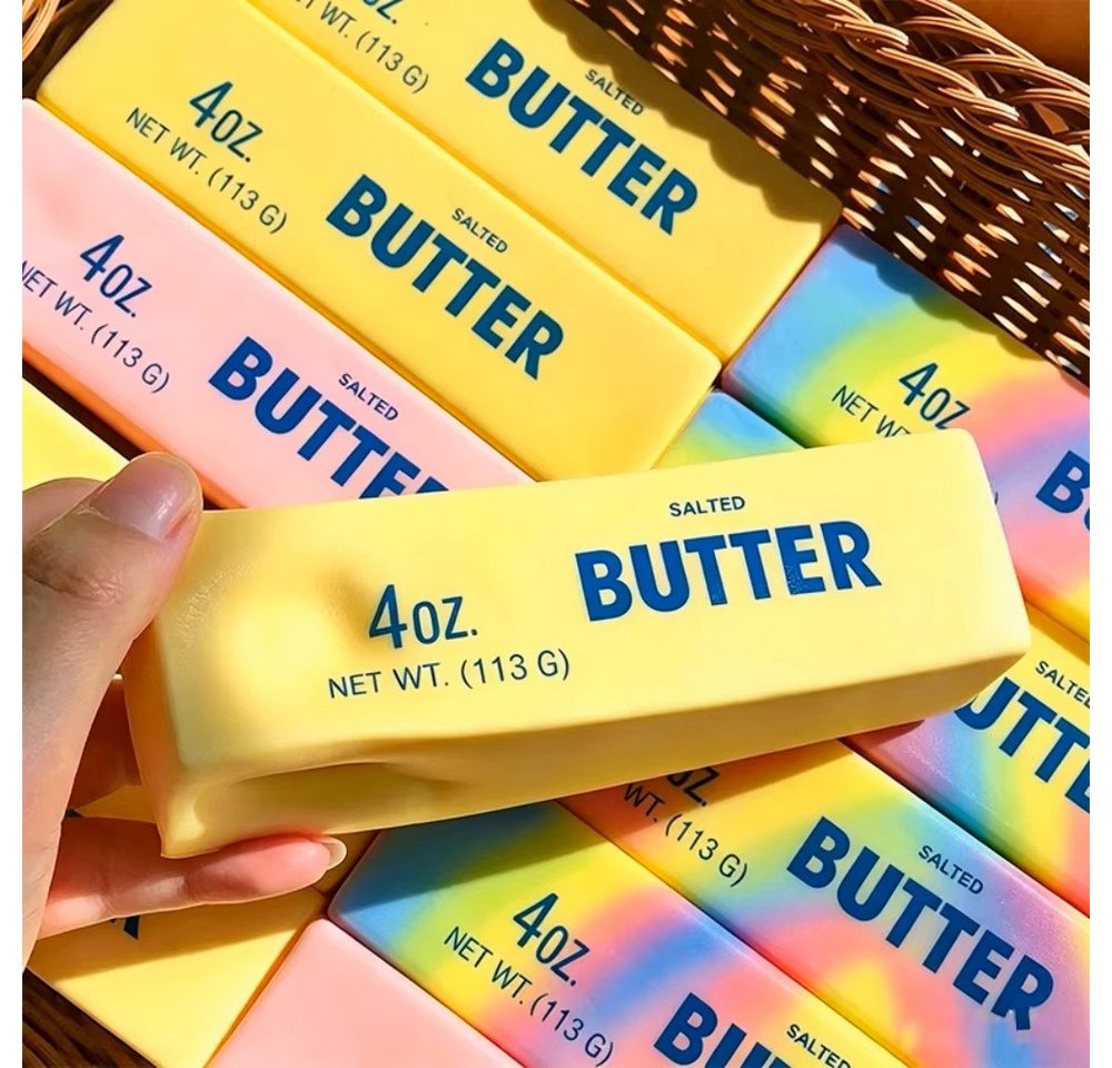 OLi Therapieknete 3X Verschiedene Farben Squishy Butter – Weiche dehnbare Knetmasse (weicher Slow Rising Squishy im lustigen Butter-Design, 1-tlg., L-13,3cm / B-3,5cm), Anti-Stress, Spielspaß für Kinder & Erwachsene Bild 4
