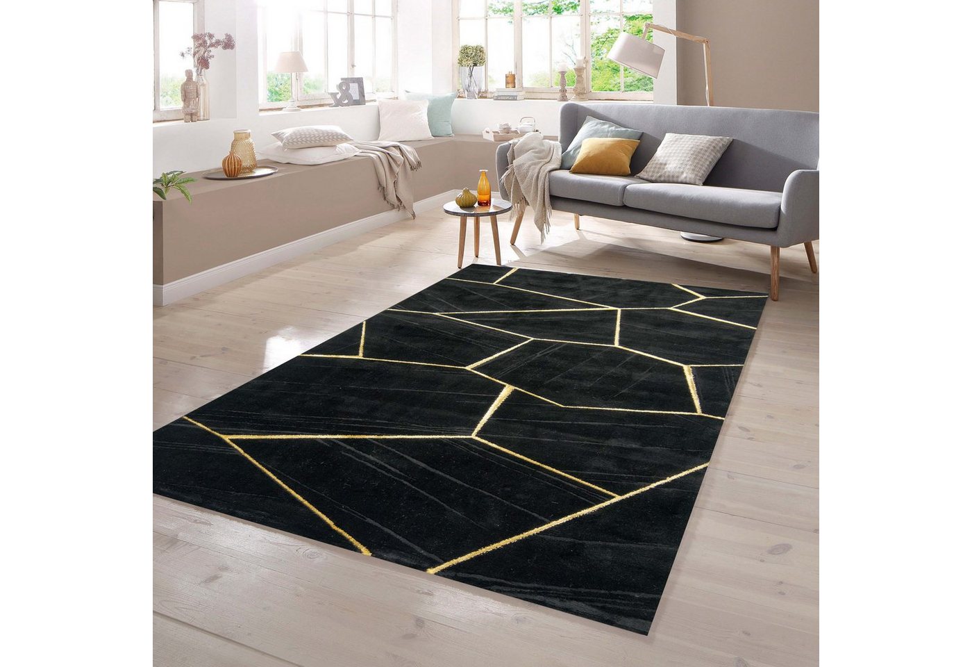 TeppichHome24 Teppich Wohnzimmerteppich geometrisches Muster in schwarz gold, rechteckig Bild 4