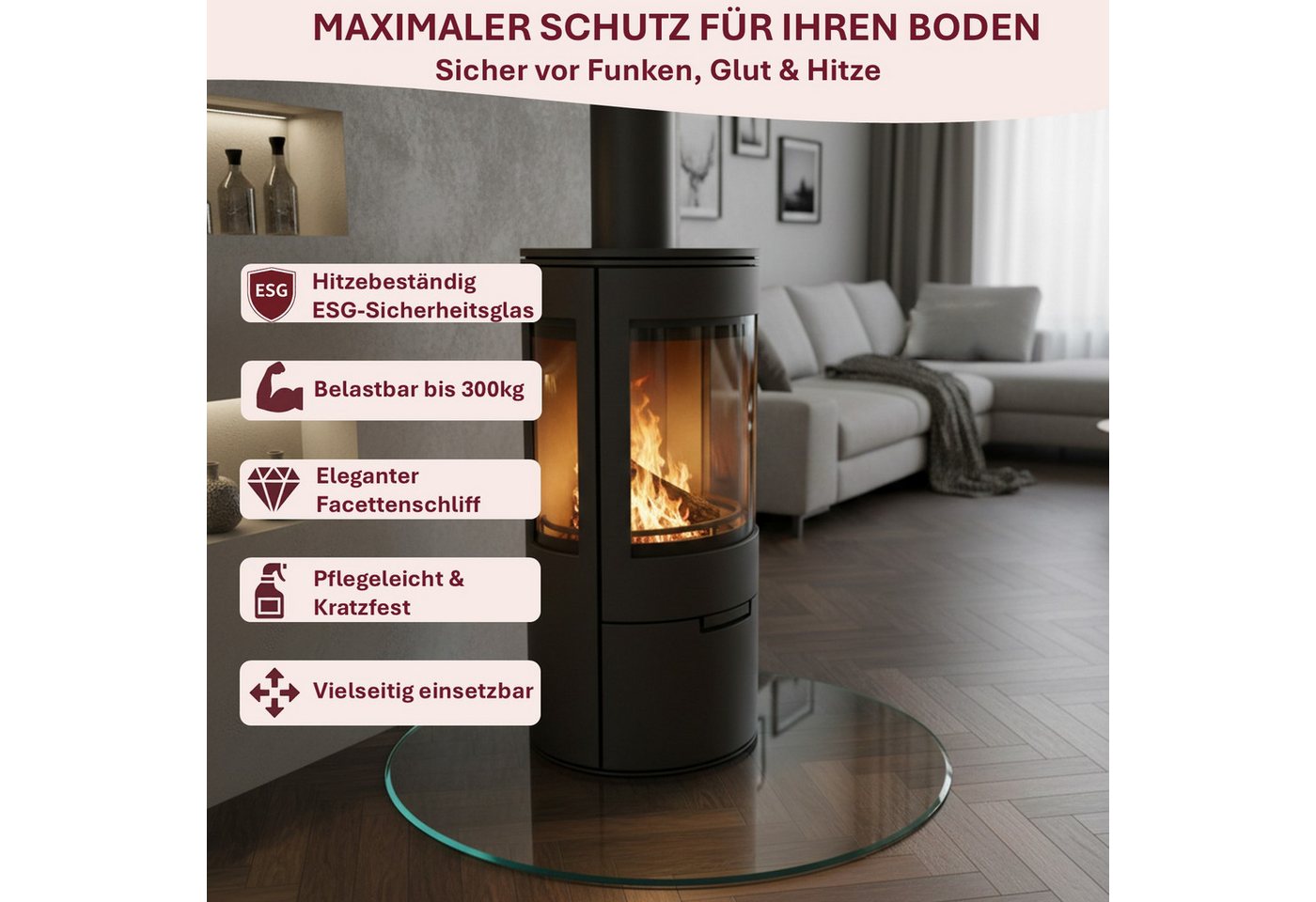 HOOZ Bodenschutzplatte Funkenschutzplatte aus 6mm ESG Ø90cm rund mit Facettenschliff Klarglas, Kamin Glas, 1-St., belastbare Glasauflage, Glasplatte, Schutzglas, Bodenschutzglas für Kamin, Ofen und Boden Bild 2