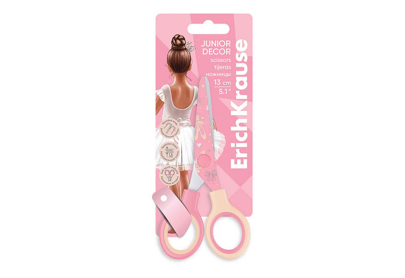 Erich Krause Papierscheren, Kinderschere Junior 13cm mit Ballerina Motiv abgerundete Spitzen Rosa
