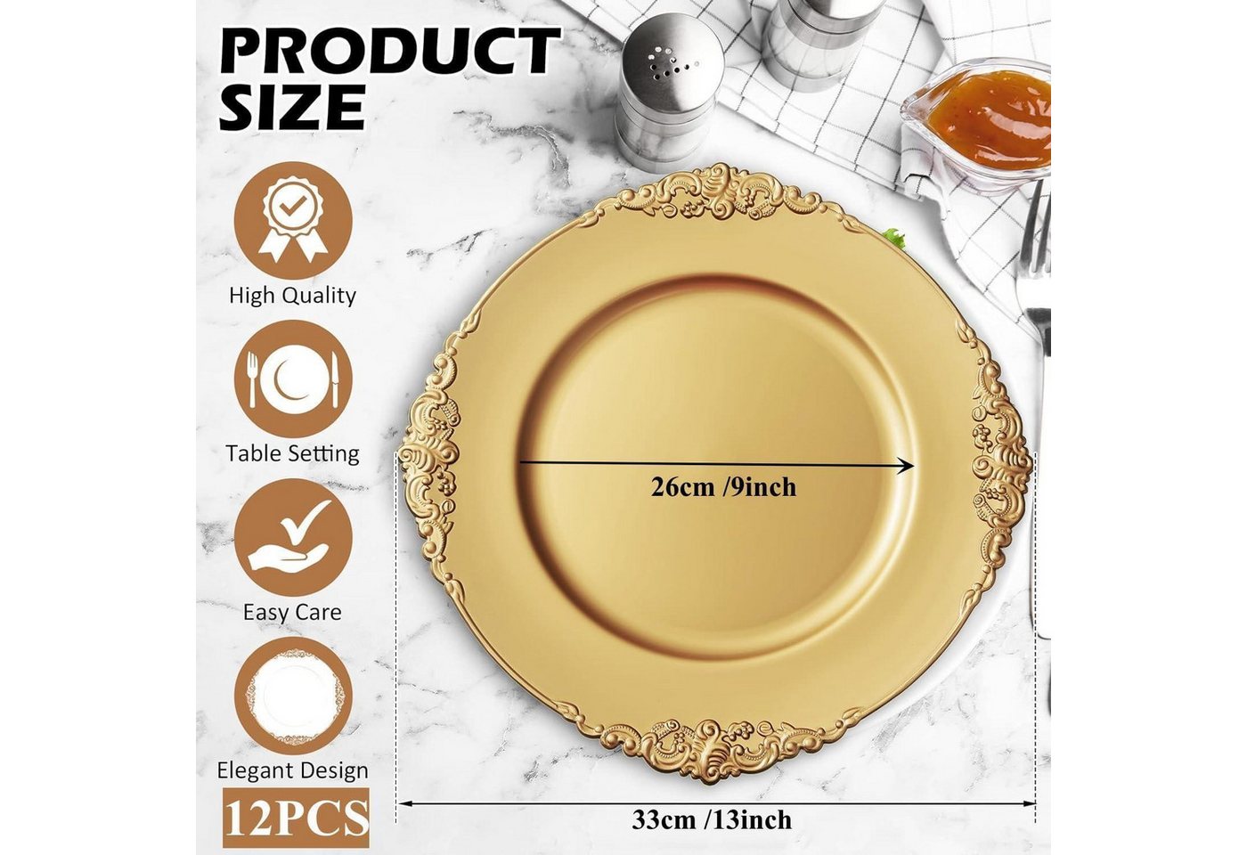 LuxusKollektion Servierteller 12er Set Goldene Platzteller mit geprägtem Rand, 33cm, Kunststoff, für