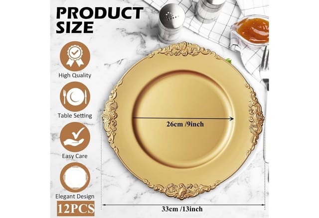 LuxusKollektion Servierteller 12er Set Goldene Platzteller mit geprägtem Rand, 33cm, Kunststoff, für