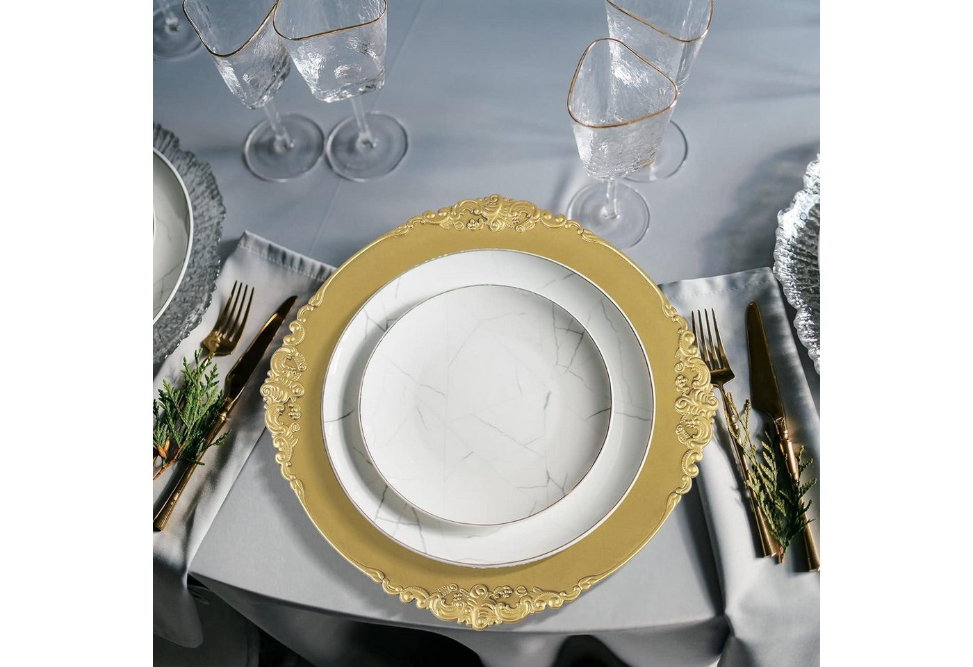 LuxusKollektion Servierteller 12er Set Goldene Platzteller mit geprägtem Rand, 33cm, Kunststoff, für Bild 4