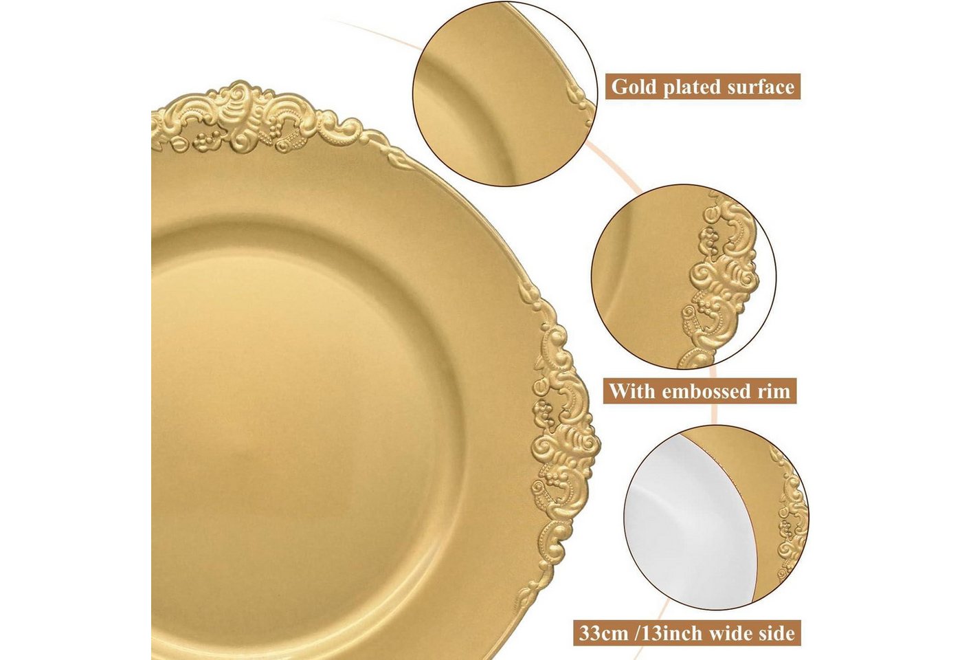 LuxusKollektion Servierteller 12er Set Goldene Platzteller mit geprägtem Rand, 33cm, Kunststoff, für Bild 5