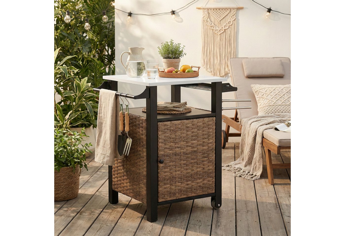 LVHOM Küchenwagen Out-/Indoor 76x57x85cm mit Rädern, Regale, Edelstahlplatte, Rattan, Handtuchhalter + Stauraum + Lagerregal, bis zu 70kg, pflegeleicht Bild 5