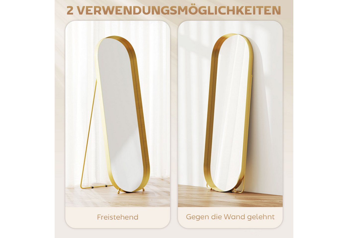 HOMCOM Standspiegel Ganzkörperspiegel mit Metallrahmen, bruchsicher, Wandspiegel (160 x 50 cm, goldfarbener Rahmen, 1-St., für Wohnzimmer, Schlafzimmer, Umkleideraum), Gold