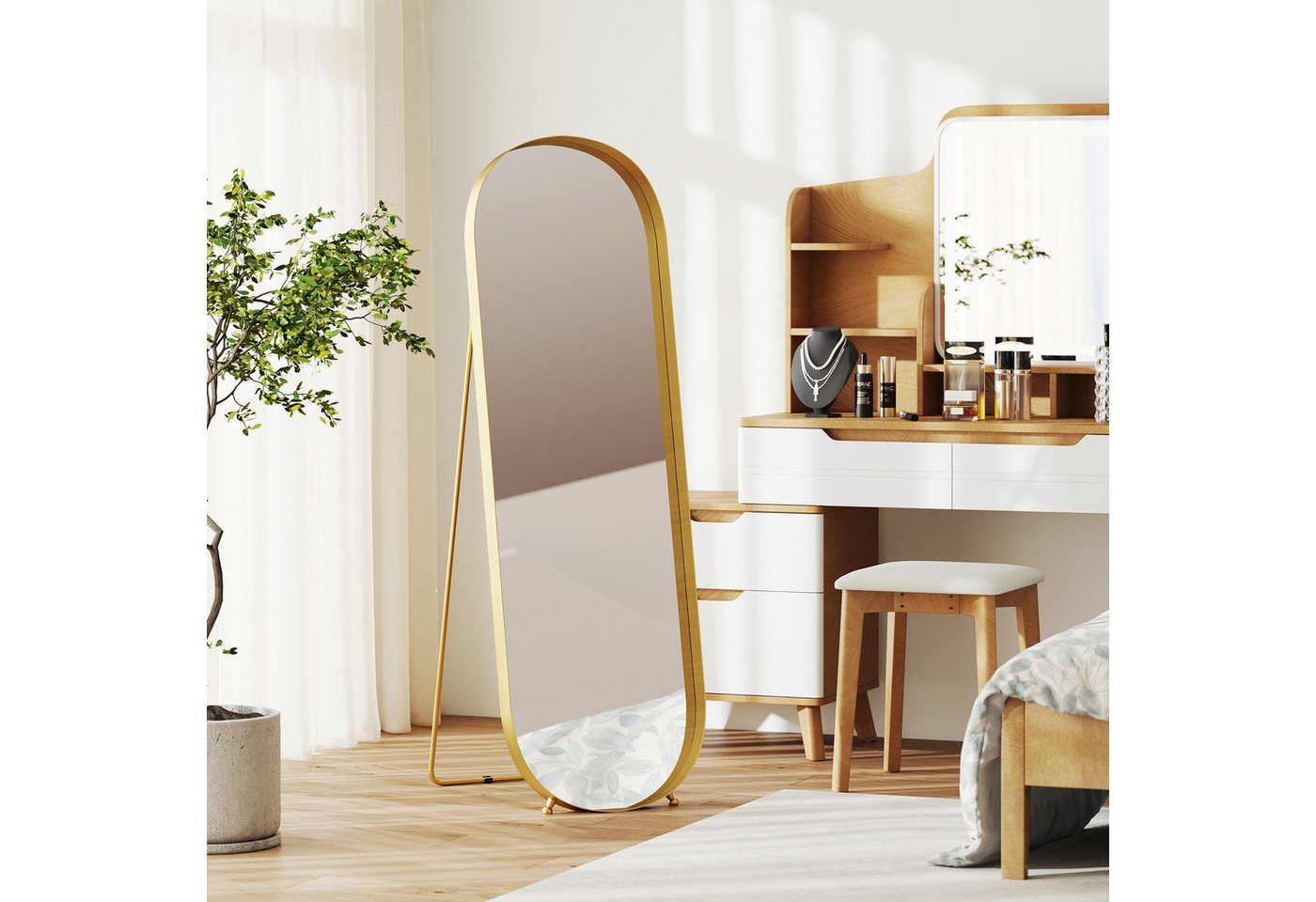 HOMCOM Standspiegel Ganzkörperspiegel mit Metallrahmen, bruchsicher, Wandspiegel (160 x 50 cm, goldfarbener Rahmen, 1-St., für Wohnzimmer, Schlafzimmer, Umkleideraum), Gold Bild 2