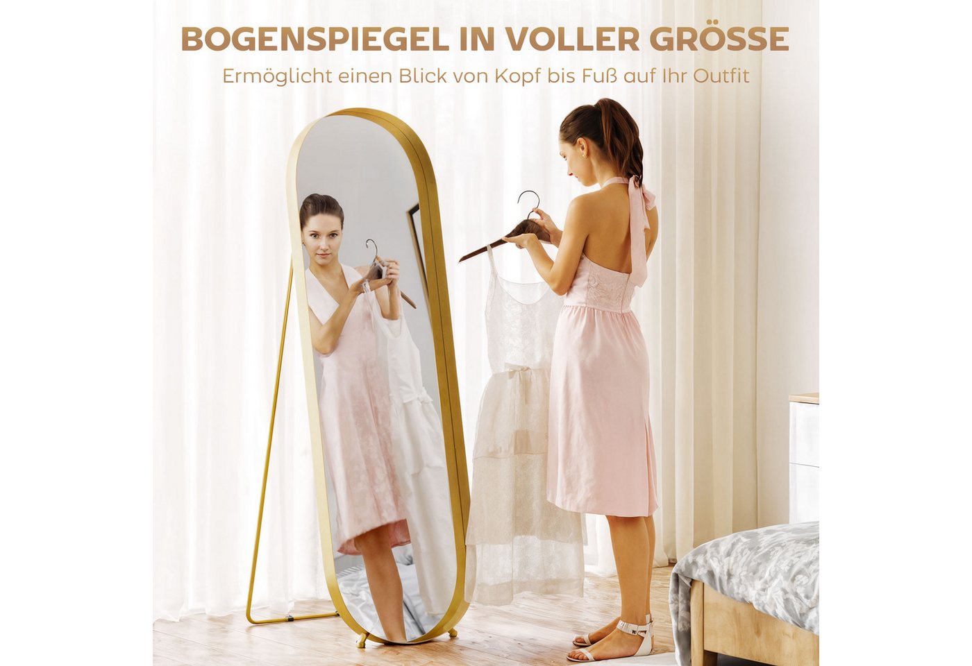 HOMCOM Standspiegel Ganzkörperspiegel mit Metallrahmen, bruchsicher, Wandspiegel (160 x 50 cm, goldfarbener Rahmen, 1-St., für Wohnzimmer, Schlafzimmer, Umkleideraum), Gold Bild 3