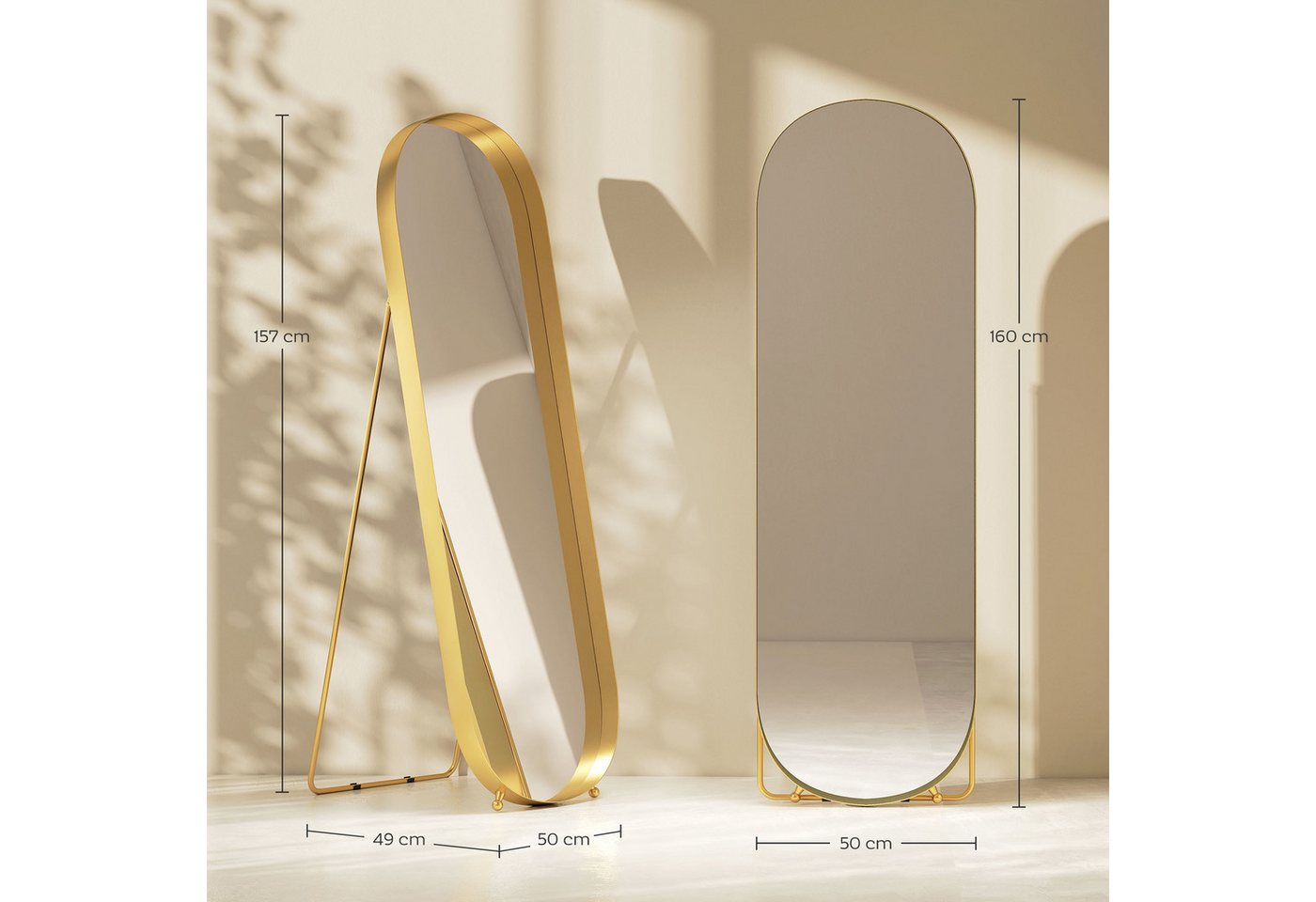 HOMCOM Standspiegel Ganzkörperspiegel mit Metallrahmen, bruchsicher, Wandspiegel (160 x 50 cm, goldfarbener Rahmen, 1-St., für Wohnzimmer, Schlafzimmer, Umkleideraum), Gold Bild 5