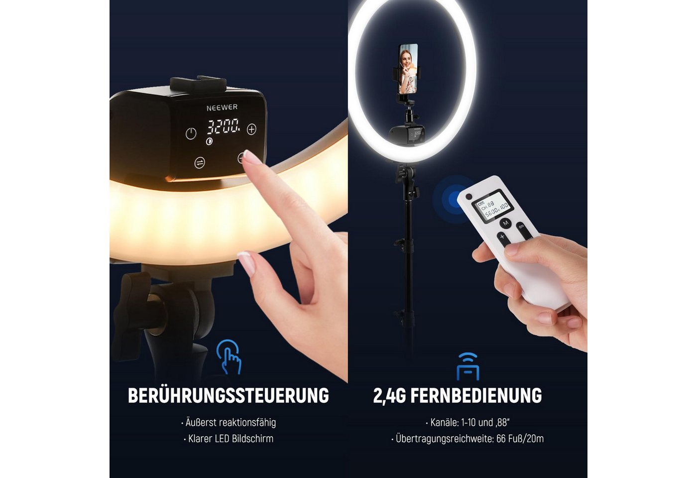 Neewer Ringlicht 18" Ringlicht mit Ständer und Telefonhalter, 2,4G & Touch Control, SRP18-2,4G 42W 3200-5600K für Tattoo Wimpern Friseur Fotografie Bild 2