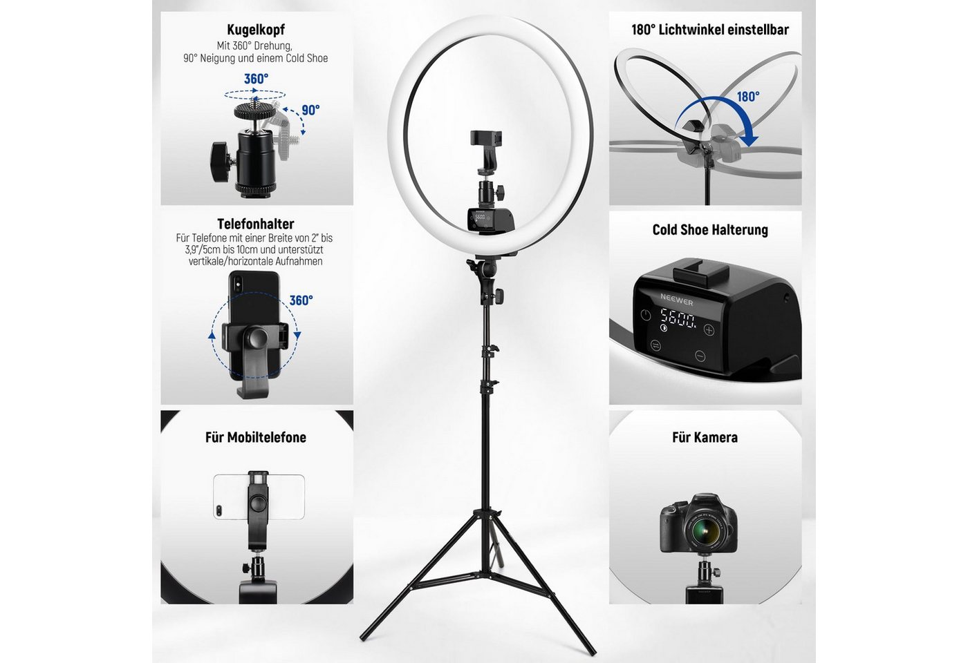 Neewer Ringlicht 18" Ringlicht mit Ständer und Telefonhalter, 2,4G & Touch Control, SRP18-2,4G 42W 3200-5600K für Tattoo Wimpern Friseur Fotografie Bild 3