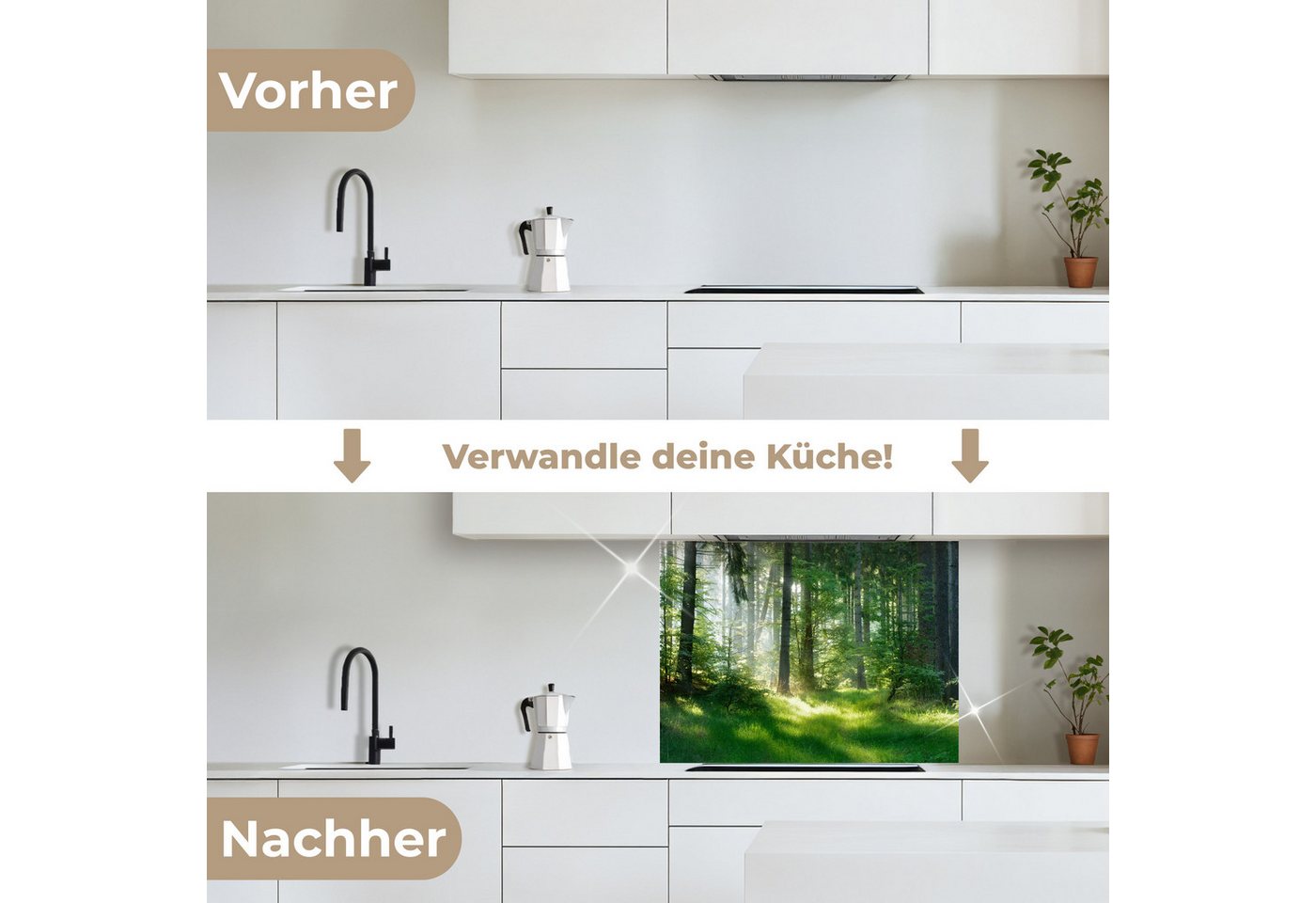 KitchenYeah Küchenrückwand selbstklebend Natur - Bäume - Wald - Grün - Sonne - Gras - Pflanzen, (1-tlg), Spritzschutz, Küche, Rückwand, Küchenwand, Küchenfront, 80x60 cm Bild 3