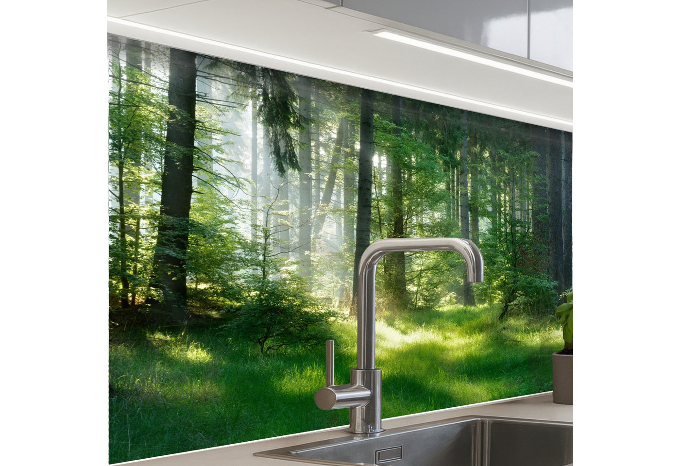 KitchenYeah Küchenrückwand selbstklebend Natur - Bäume - Wald - Grün - Sonne - Gras - Pflanzen, (1-tlg), Spritzschutz, Küche, Rückwand, Küchenwand, Küchenfront, 80x60 cm Bild 4