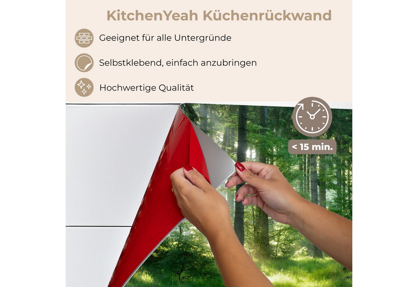 KitchenYeah Küchenrückwand selbstklebend Natur - Bäume - Wald - Grün - Sonne - Gras - Pflanzen, (1-tlg), Spritzschutz, Küche, Rückwand, Küchenwand, Küchenfront, 80x60 cm Bild 5