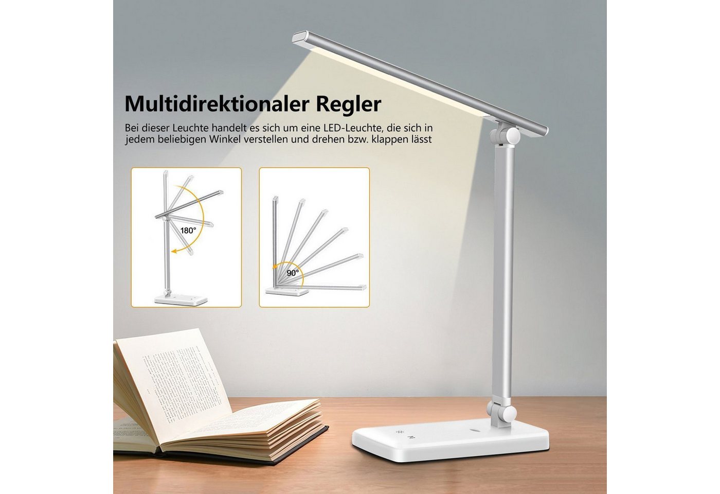 feinlux Schreibtischlampe 8W LED Dimmbare Tischleuchte 8W Tischlampe, LED fest integriert, Kaltweißes Licht, Augenschutz-Modus, USB-Anschluss, LED fest integriert