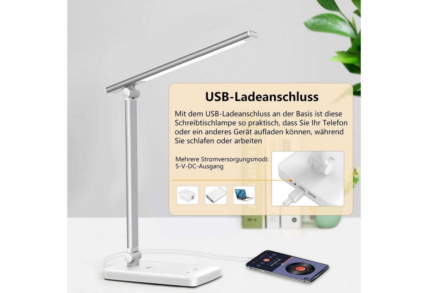 feinlux Schreibtischlampe 8W LED Dimmbare Tischleuchte 8W Tischlampe, LED fest integriert, Kaltweißes Licht, Augenschutz-Modus, USB-Anschluss, LED fest integriert Bild 2