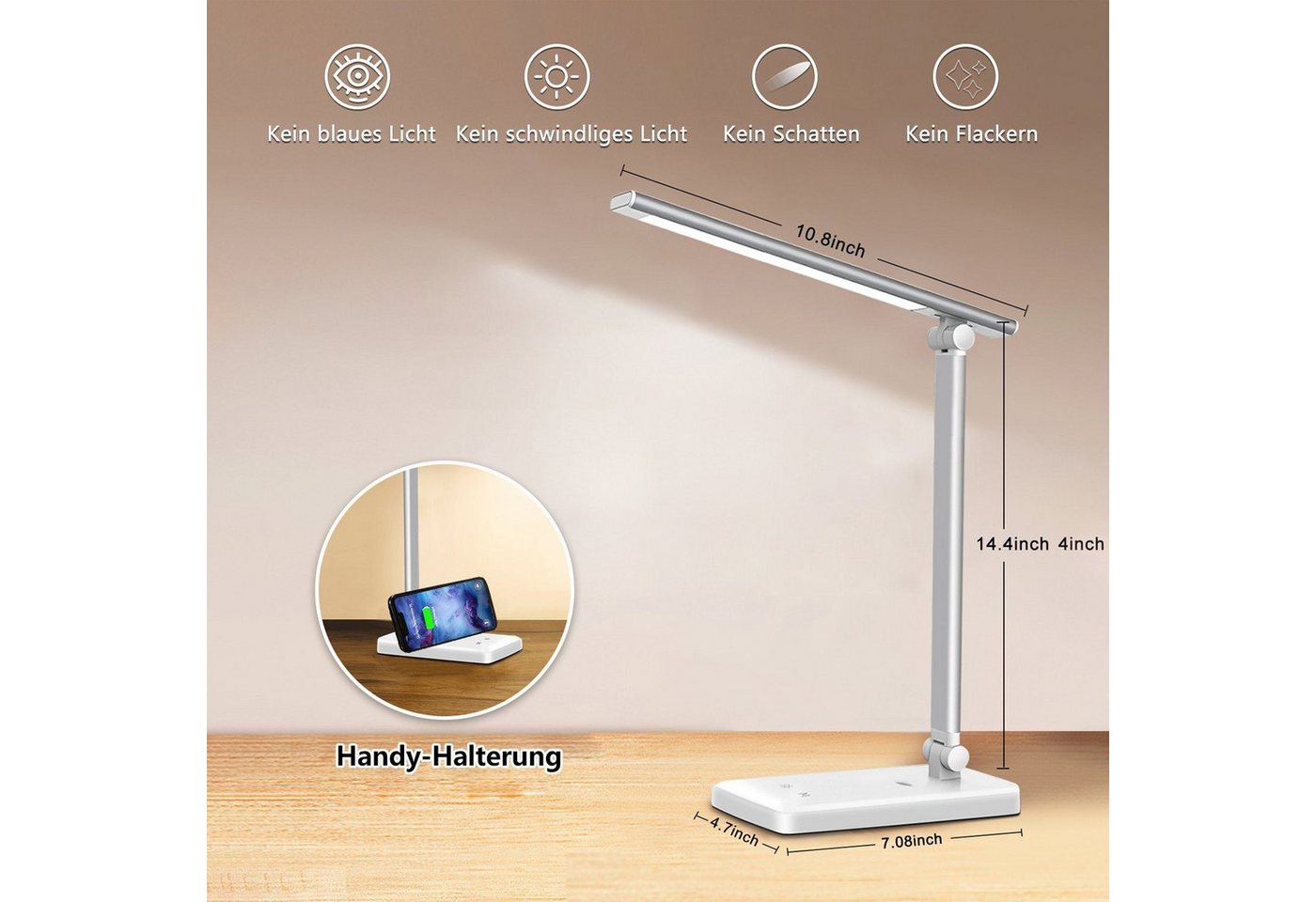 feinlux Schreibtischlampe 8W LED Dimmbare Tischleuchte 8W Tischlampe, LED fest integriert, Kaltweißes Licht, Augenschutz-Modus, USB-Anschluss, LED fest integriert Bild 3