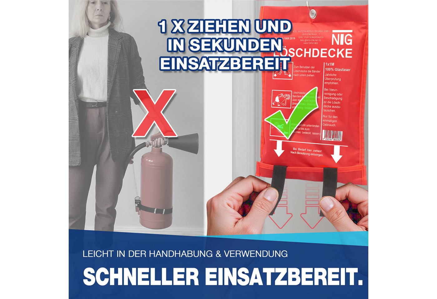 NTG Nutzfahrzeug Technik GmbH Löschdecke 1m² NTG Feuerlöschdecke Fiberglas Brandschutzdecke DIN EN1869, 100x100 cm, (2-St), Brandschutzdecke 1x1m Bild 4