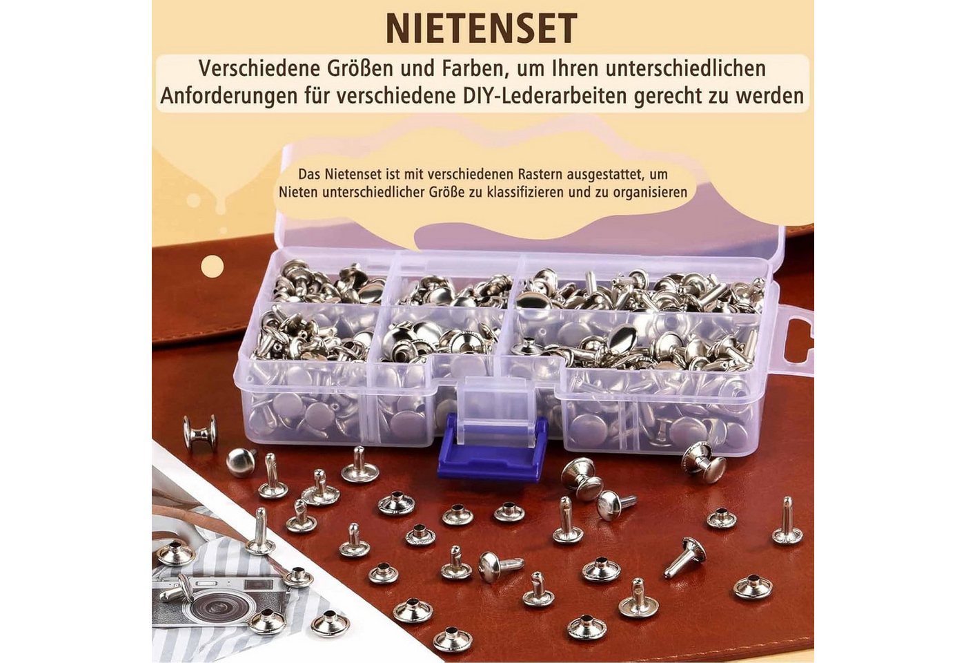 FELIXLEO Niete Ledernieten Silber 3 Größen Doppelkappe Hohlnieten Basteln, (2 St)