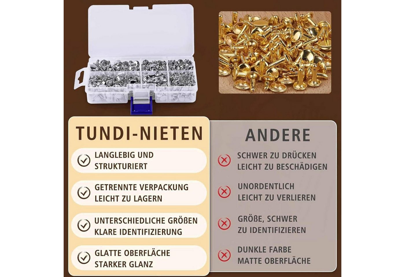 FELIXLEO Niete Ledernieten Silber 3 Größen Doppelkappe Hohlnieten Basteln, (2 St) Bild 4