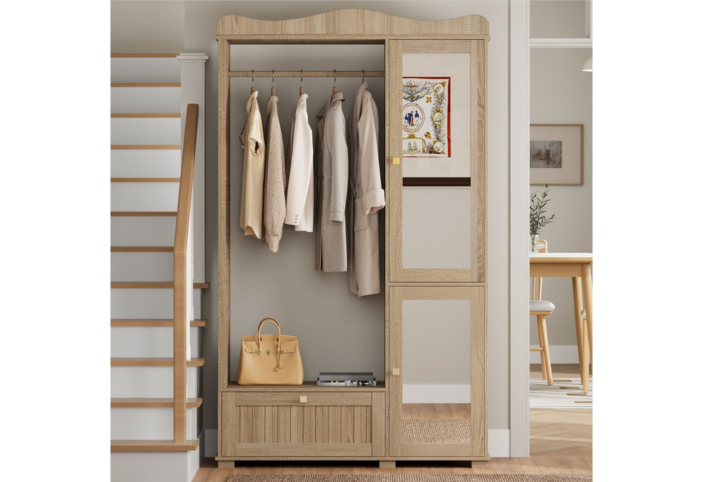 Merax Garderobenschrank mit Spiegel und Offener Kleiderständer, 115,5×38,5×194,5cm (1-St) Kompaktgarderobe mit Schublade & 2 Türen für Schlafzimmer und Flur