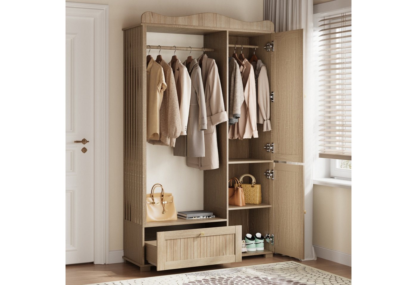 Merax Garderobenschrank mit Spiegel und Offener Kleiderständer, 115,5×38,5×194,5cm (1-St) Kompaktgarderobe mit Schublade & 2 Türen für Schlafzimmer und Flur Bild 2