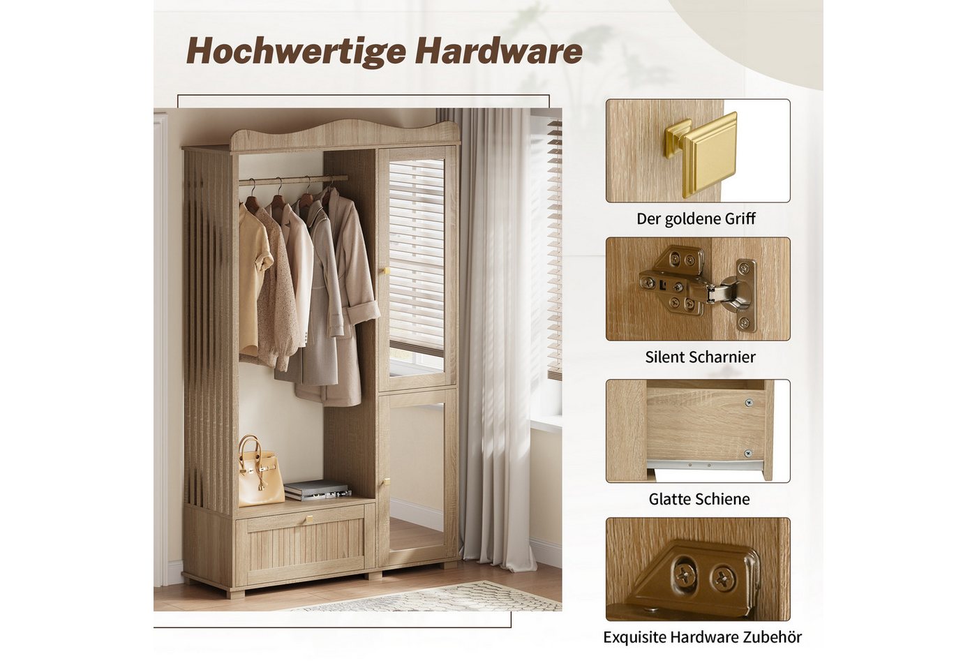 Merax Garderobenschrank mit Spiegel und Offener Kleiderständer, 115,5×38,5×194,5cm (1-St) Kompaktgarderobe mit Schublade & 2 Türen für Schlafzimmer und Flur Bild 3