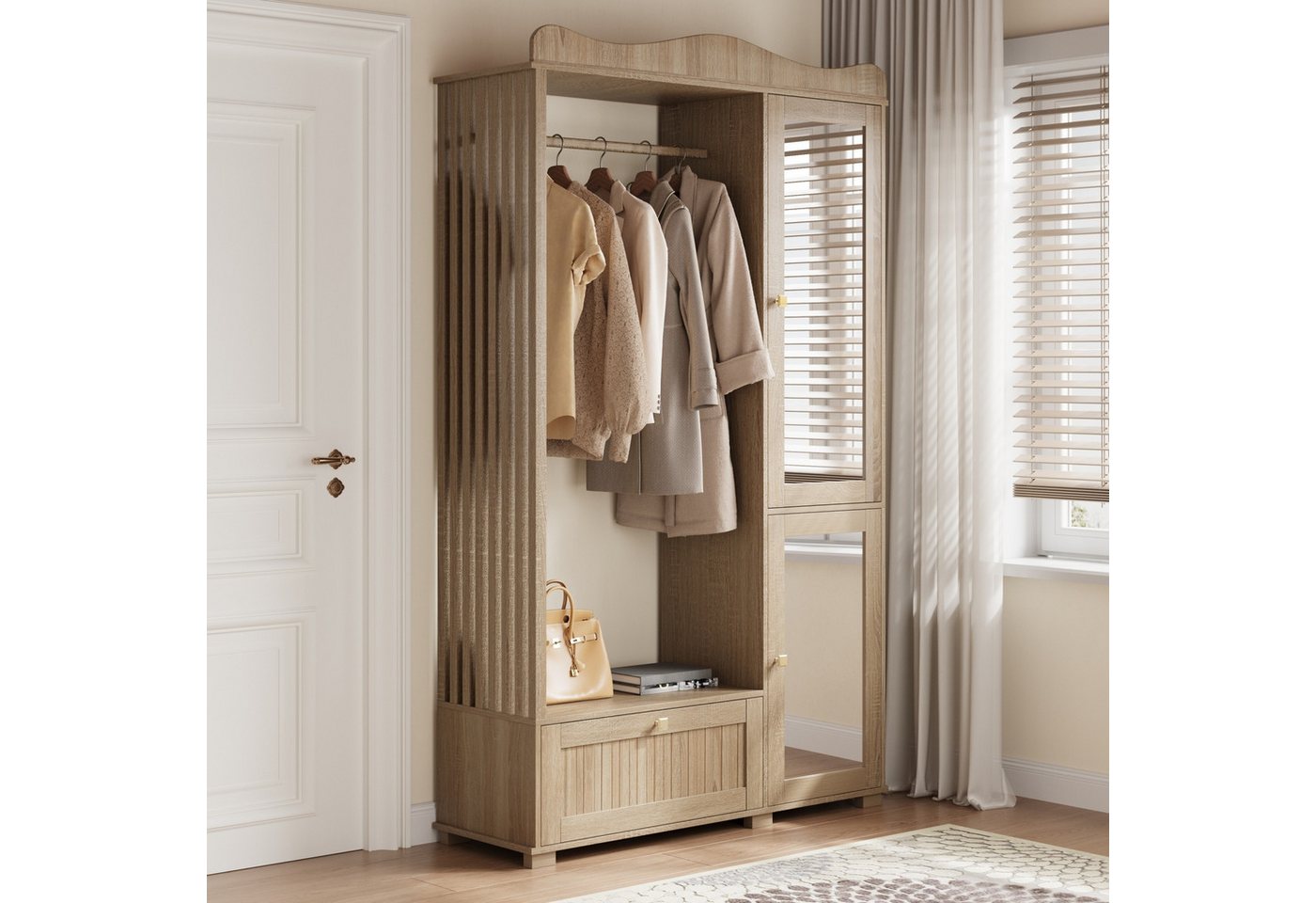 Merax Garderobenschrank mit Spiegel und Offener Kleiderständer, 115,5×38,5×194,5cm (1-St) Kompaktgarderobe mit Schublade & 2 Türen für Schlafzimmer und Flur Bild 4