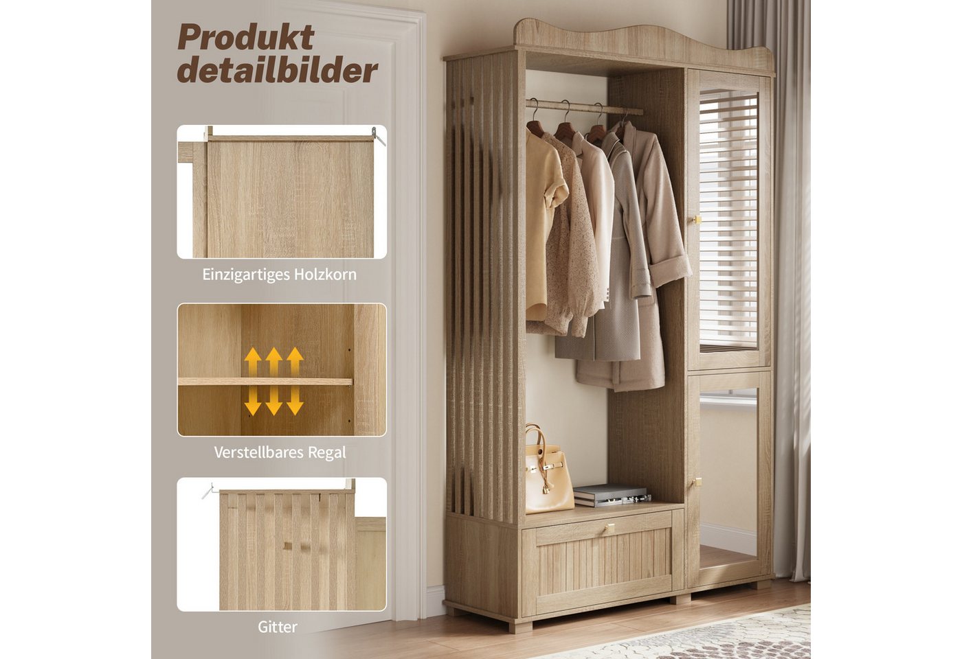 Merax Garderobenschrank mit Spiegel und Offener Kleiderständer, 115,5×38,5×194,5cm (1-St) Kompaktgarderobe mit Schublade & 2 Türen für Schlafzimmer und Flur Bild 5