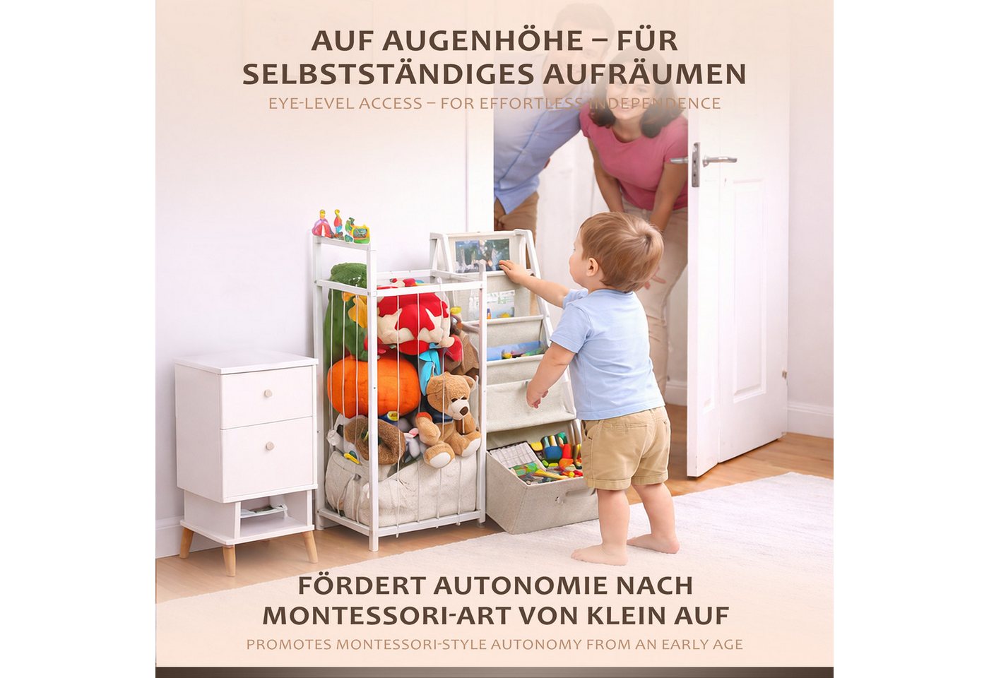 ONVAYA Kinderregal 4in1 Bücher-&Tonierregal, Kuscheltieraufbewahrung & Spielzeugorganizer, Maximale Belastbarkeit 14,5kg