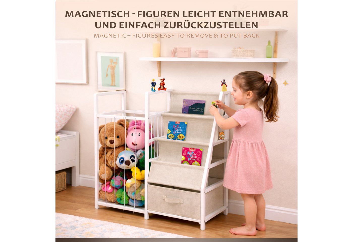 ONVAYA Kinderregal 4in1 Bücher-&Tonierregal, Kuscheltieraufbewahrung & Spielzeugorganizer, Maximale Belastbarkeit 14,5kg Bild 3