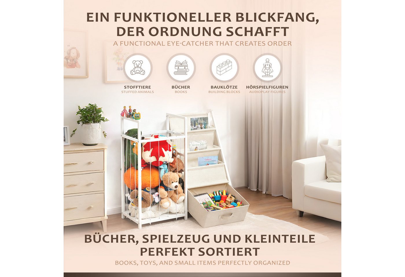 ONVAYA Kinderregal 4in1 Bücher-&Tonierregal, Kuscheltieraufbewahrung & Spielzeugorganizer, Maximale Belastbarkeit 14,5kg Bild 4