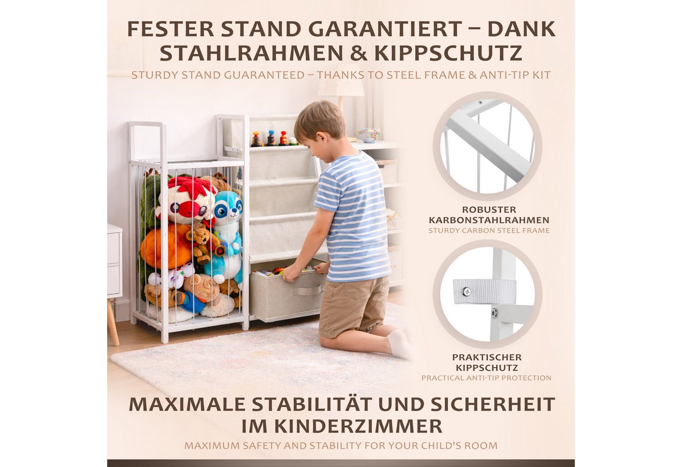 ONVAYA Kinderregal 4in1 Bücher-&Tonierregal, Kuscheltieraufbewahrung & Spielzeugorganizer, Maximale Belastbarkeit 14,5kg Bild 5