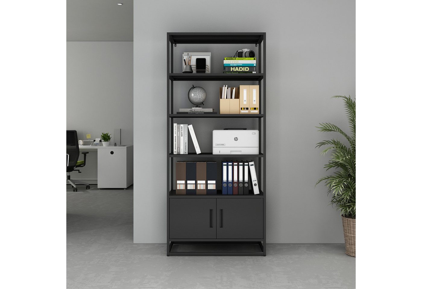 en.casa Bücherregal, »Hailuoto« 80 x 40 x 180 cm mit Unterschrank Stahl Schwarz, matt Bild 2