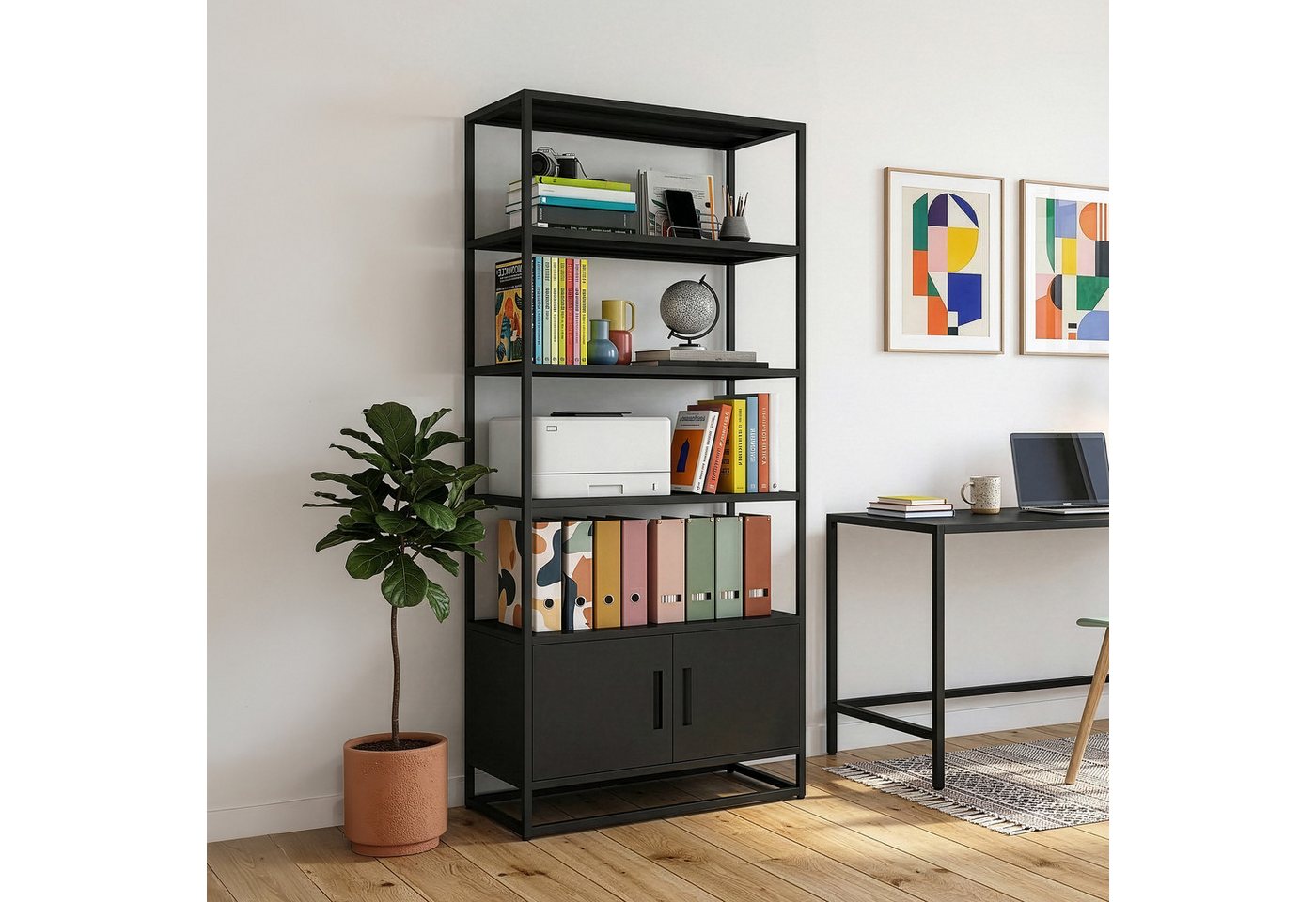 en.casa Bücherregal, »Hailuoto« 80 x 40 x 180 cm mit Unterschrank Stahl Schwarz, matt Bild 4