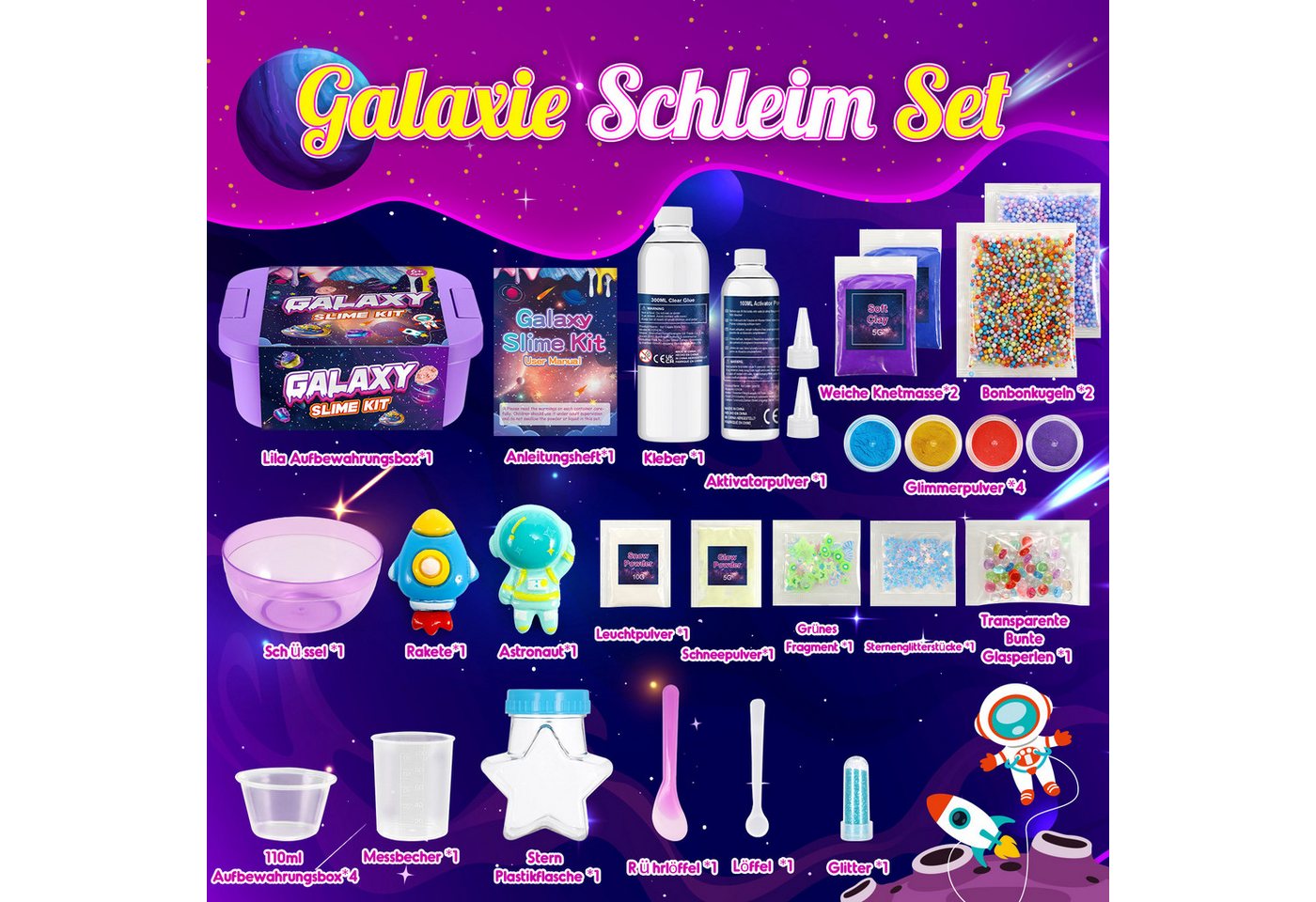 Wootoy Kreativset Experimentierkasten Schleim Bastelset Galaxy Einhorn DIY Slime Kit, (mit Glitzer Perlen und Zubehör zum Kreativen Gestalten, 1-tlg., Schleim-Bastelset in zwei Themenwelten: Galaxie oder Einhorn), Fördert Kreativität Feinmotorik und spielerisches Experimentieren