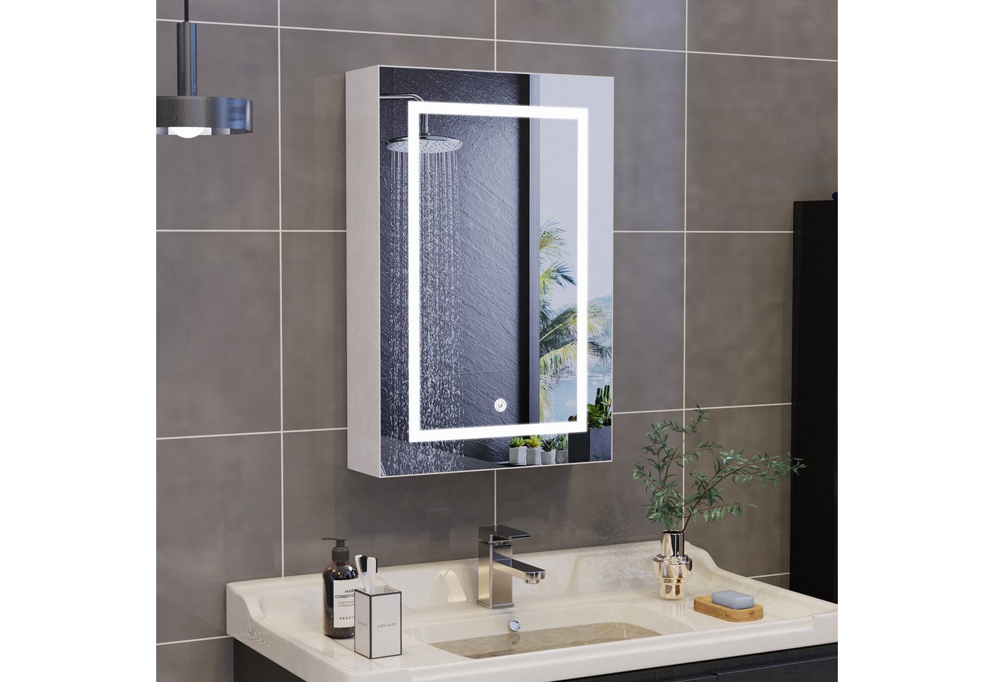 zebery Spiegelschrank Badezimmerschrank mit LED-Beleuchtung (Set, 1-St., Badezimmerspiegelschrank mit Spiegel und 1 Türen) Wandschrank mit 3 Ablage, Touchschalter, 70 x 50 x 13 cm Bild 2