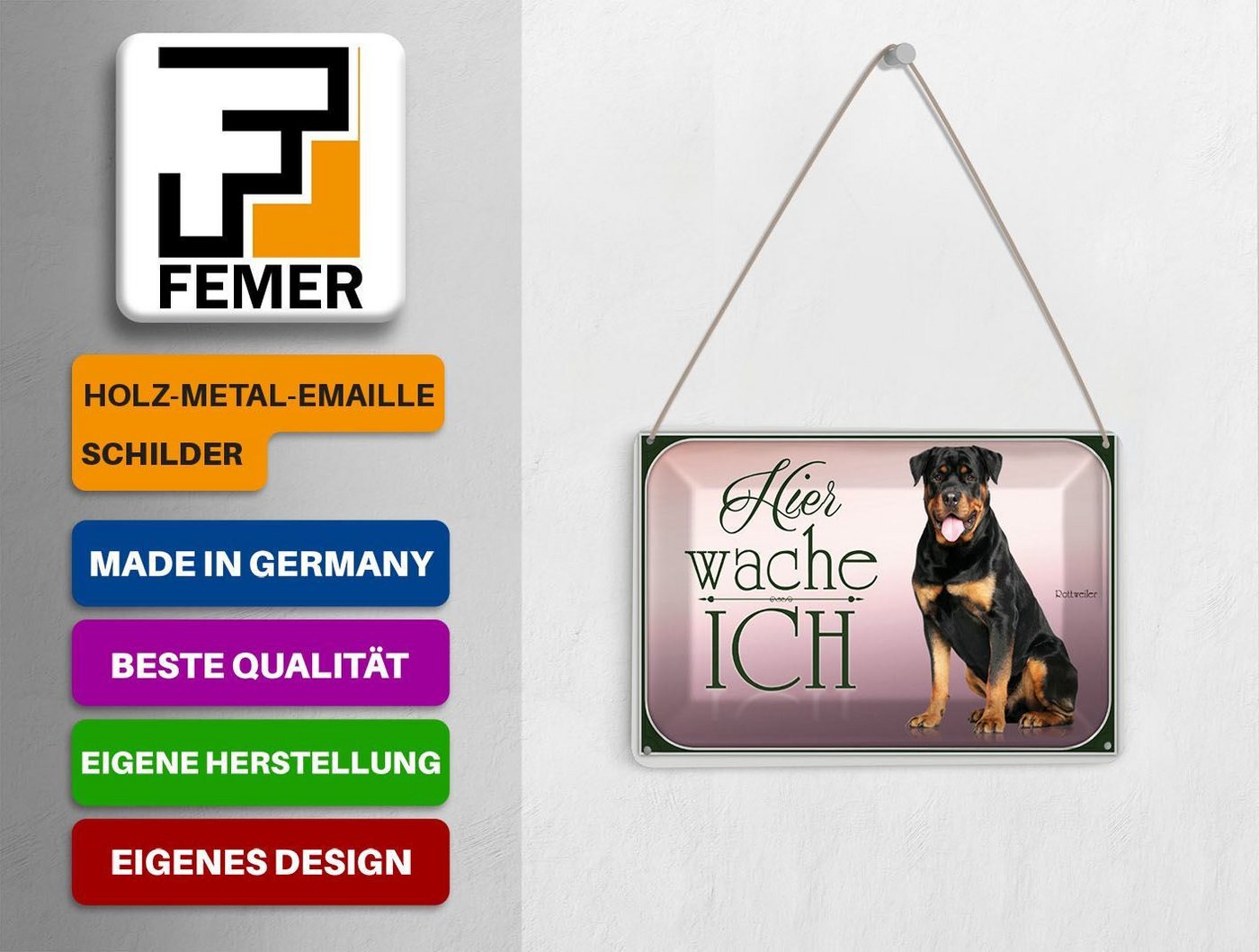 Femer GmbH Postkarte Blechpostkarte Hund 14x10cm Rottweiler hier wache ich, unfrankiert Bild 5