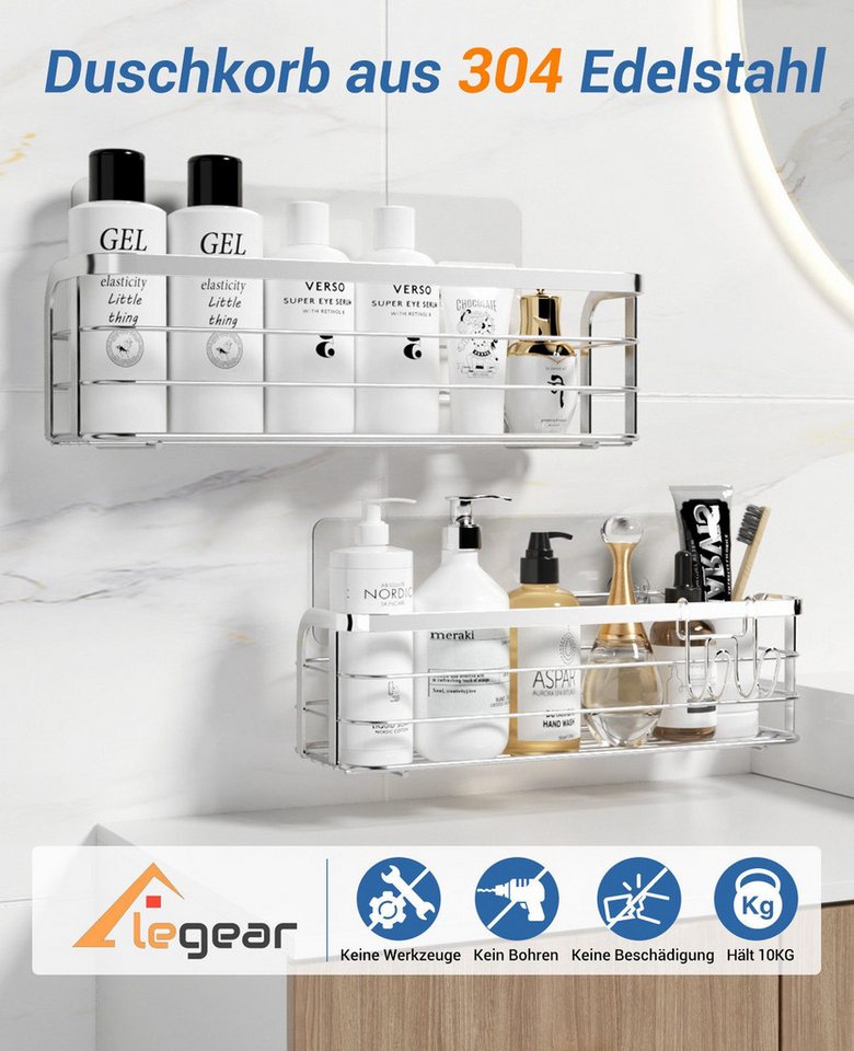 Elegear Duschablage Duschregal ohne Bohren, 2 Stück shampoo halter bad, badregal, 4-tlg., selbstklebend Badezimmer Regal Organizer, Badregal und Küchenregal Bild 3