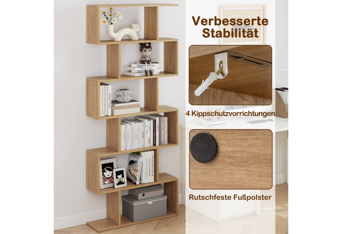 COSTWAY Bücherregal, Standregal mit 6 Fächern, 20 kg/Ebene, 80x23x192cm, natur