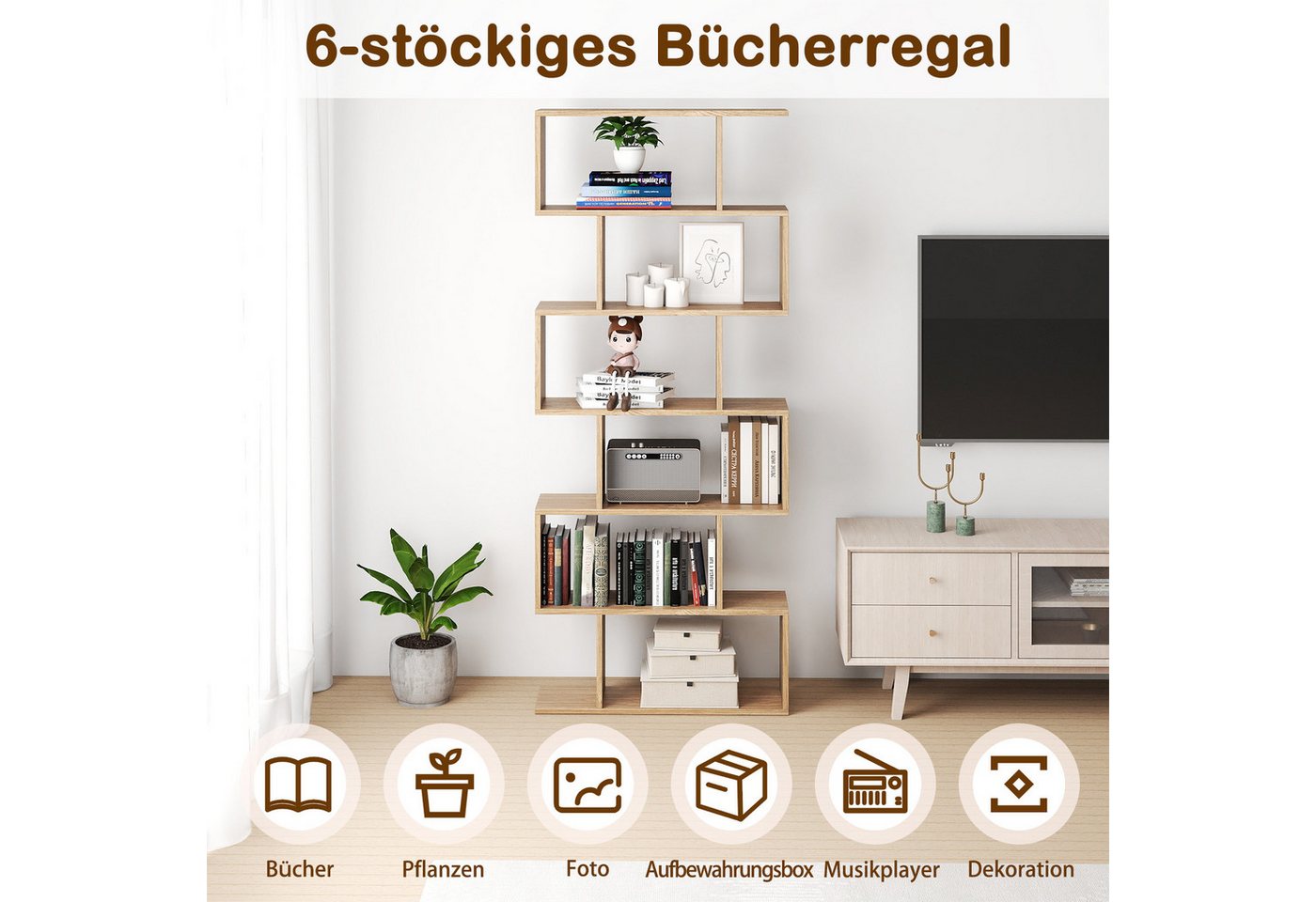 COSTWAY Bücherregal, Standregal mit 6 Fächern, 20 kg/Ebene, 80x23x192cm, natur Bild 2