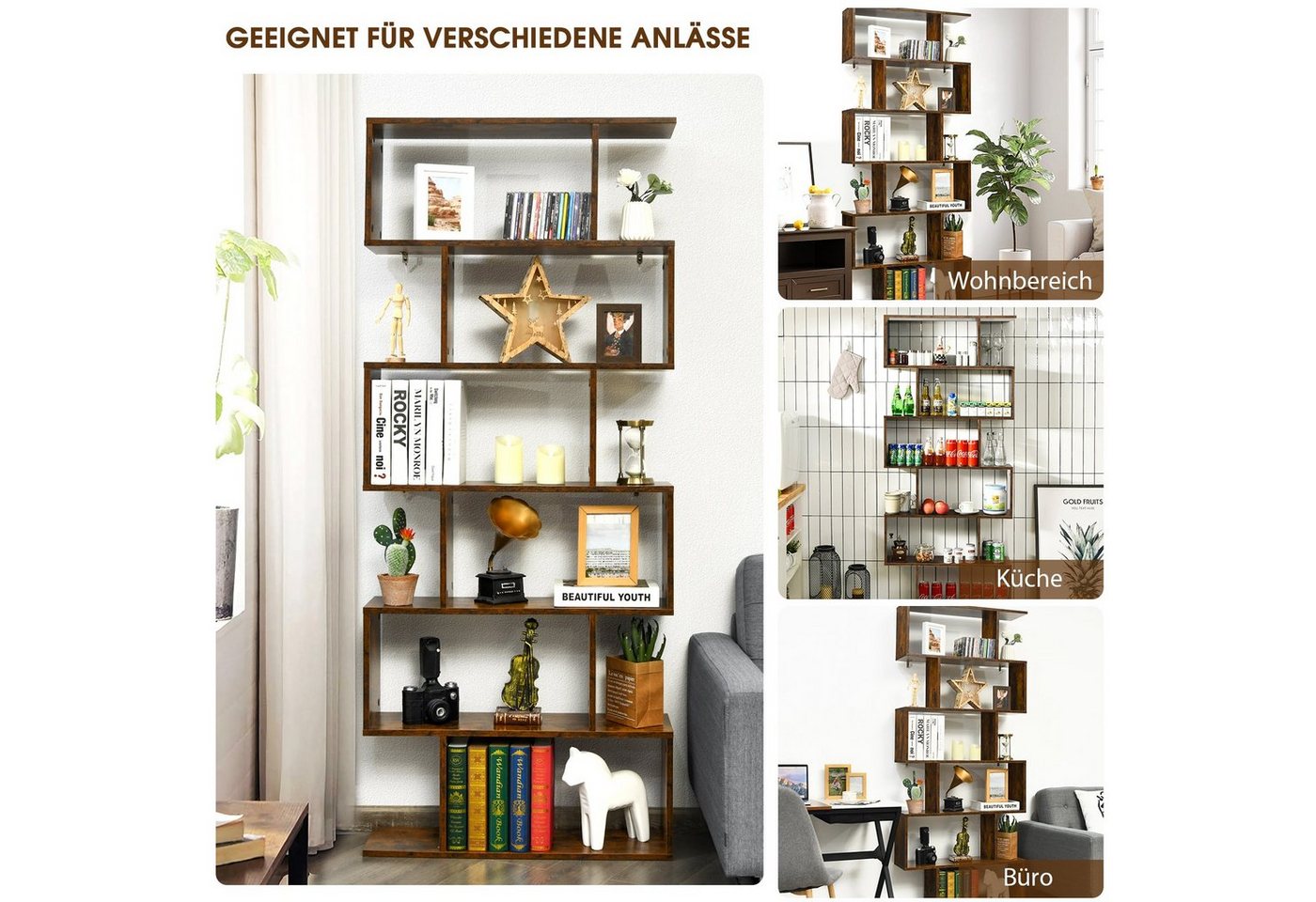 COSTWAY Bücherregal, Standregal mit 6 Fächern, 20 kg/Ebene, 80x23x192cm, braun Bild 2