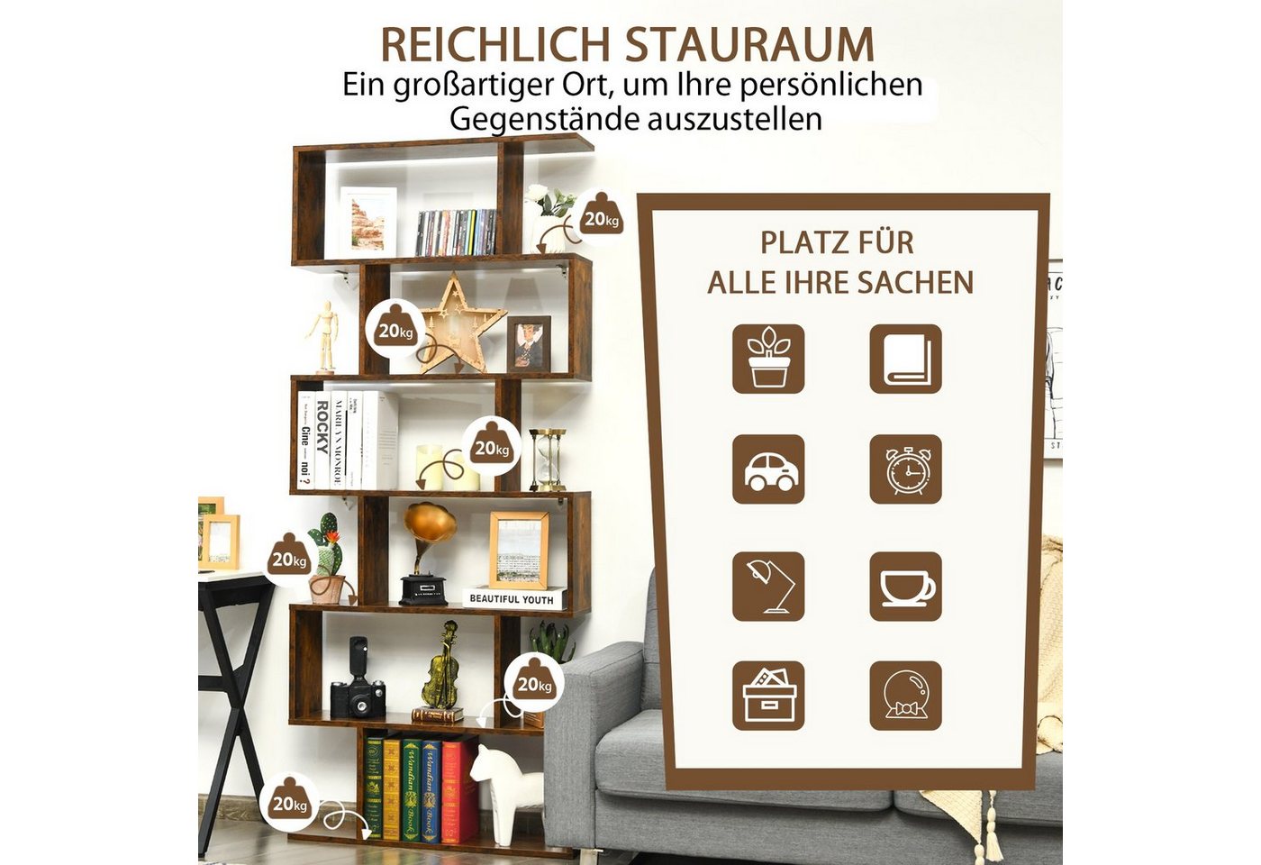 COSTWAY Bücherregal, Standregal mit 6 Fächern, 20 kg/Ebene, 80x23x192cm, braun Bild 4