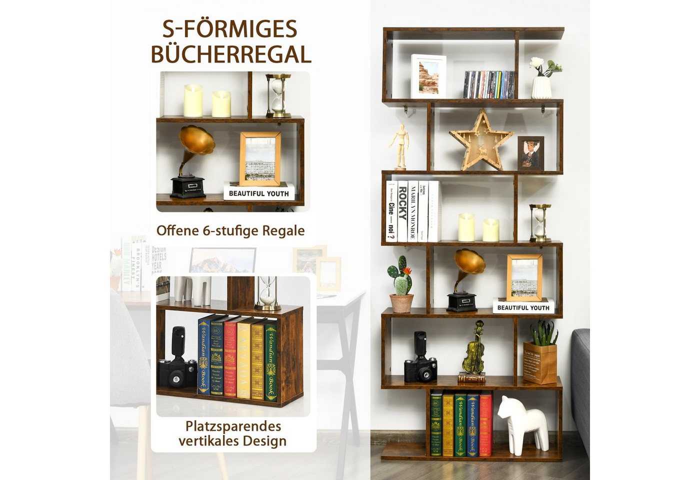 COSTWAY Bücherregal, Standregal mit 6 Fächern, 20 kg/Ebene, 80x23x192cm, braun Bild 5