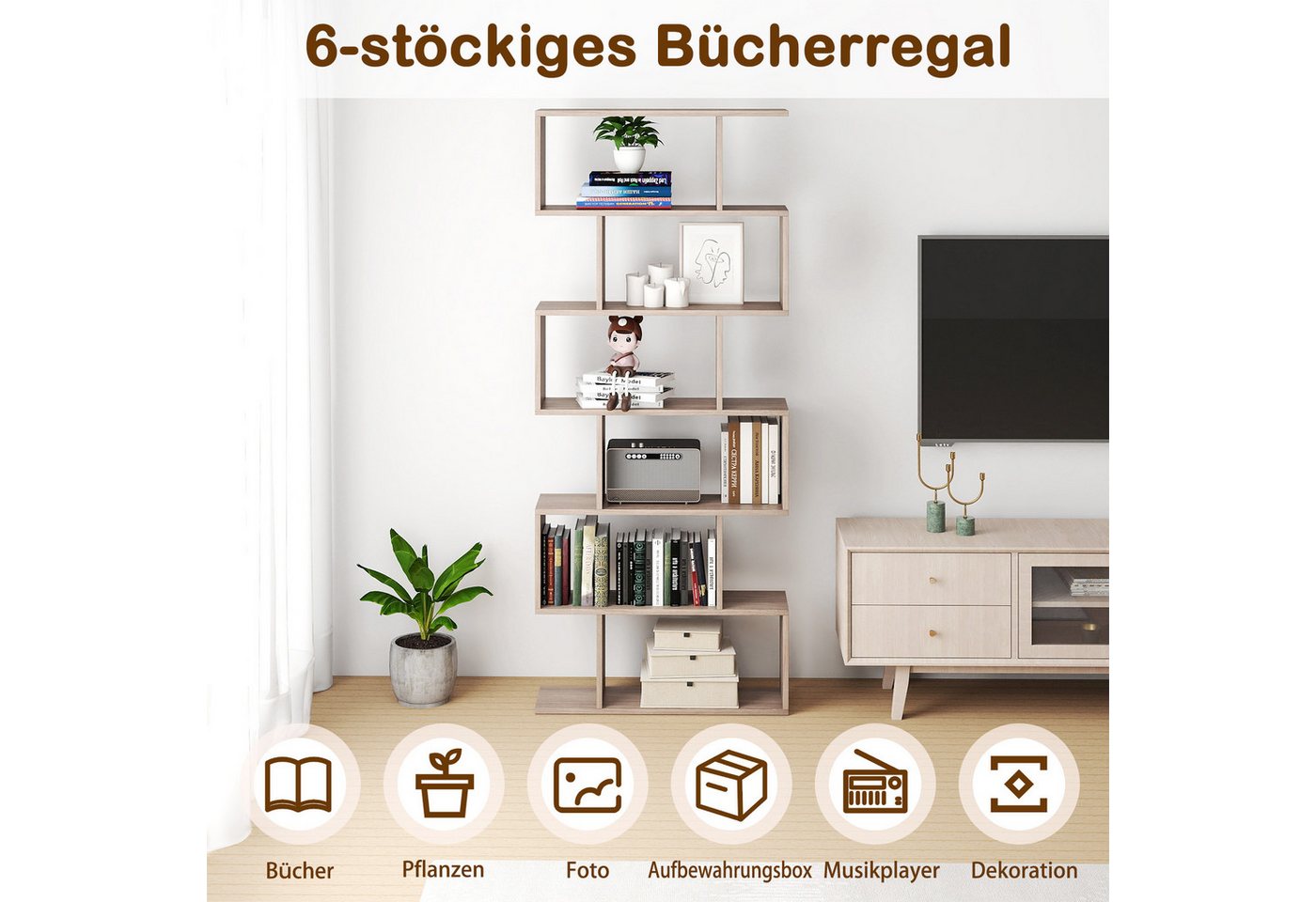 COSTWAY Bücherregal, Standregal mit 6 Fächern, 20 kg/Ebene, 80x23x192cm, grau Bild 2
