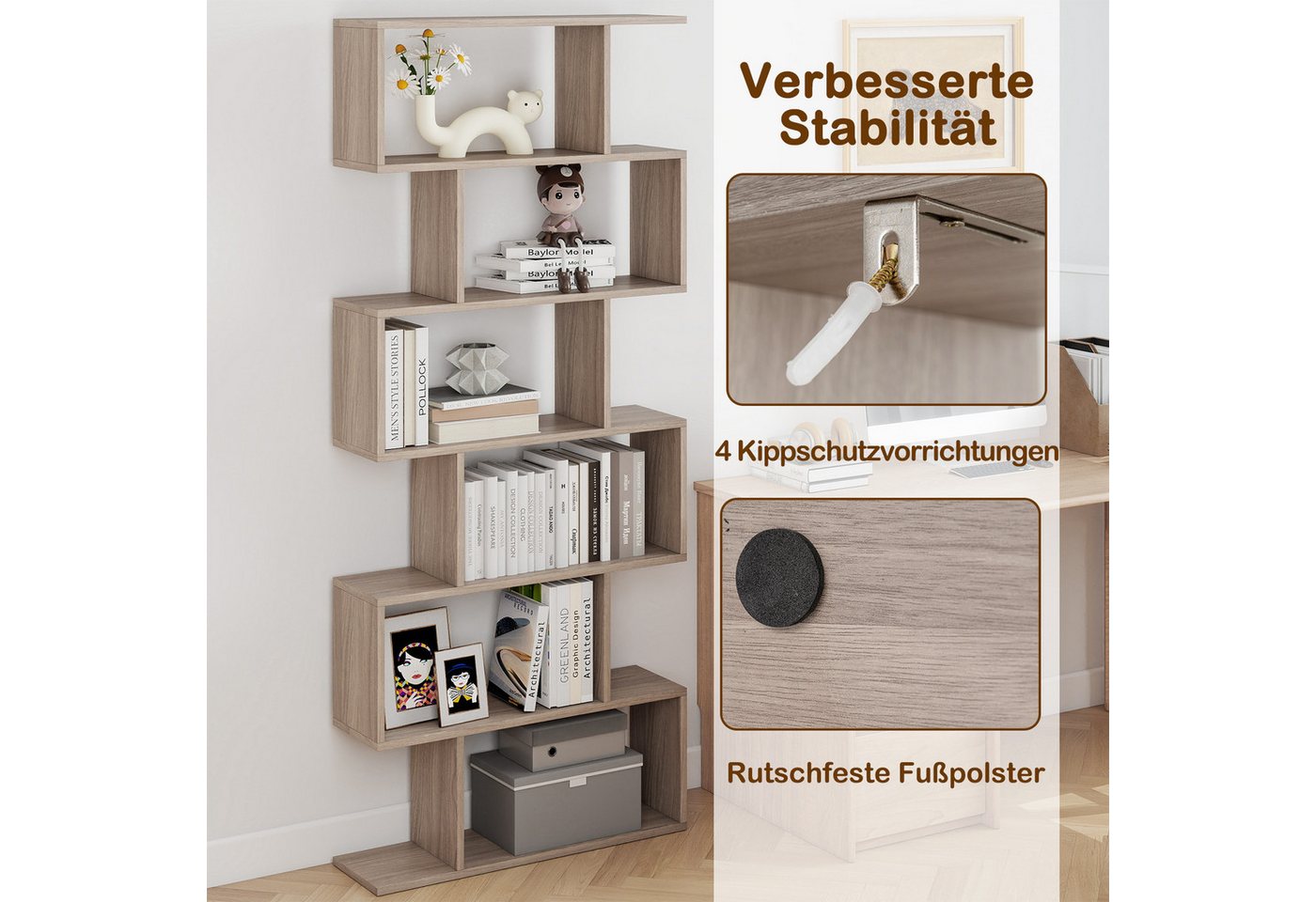 COSTWAY Bücherregal, Standregal mit 6 Fächern, 20 kg/Ebene, 80x23x192cm, grau Bild 5