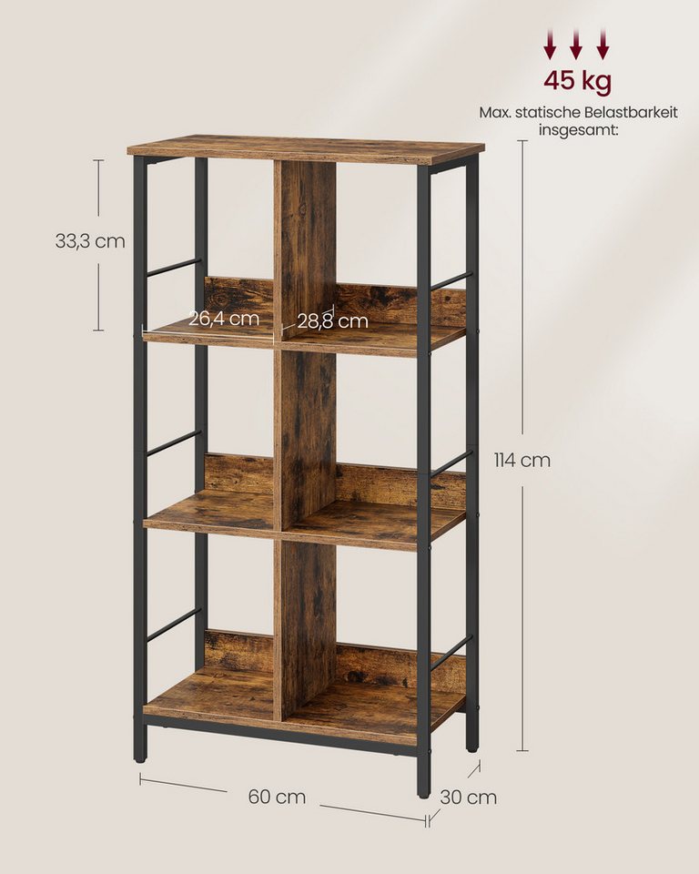 VASAGLE Bücherregal für Wohnzimmer, Schlafzimmer, Arbeitszimmer, Küche, Regal mit 3 Ebenen, Standregal mit 6 Fächern, 30 x 60 x 114 cm Bild 2
